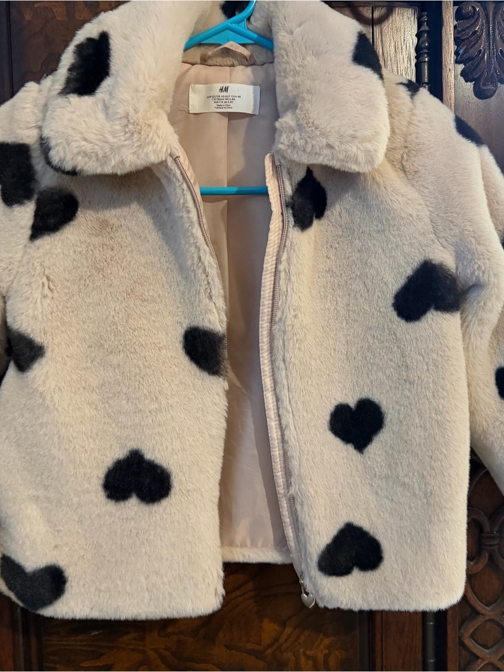 H&M Cream Faux-Fur Kids Coat with Black Heart Motif